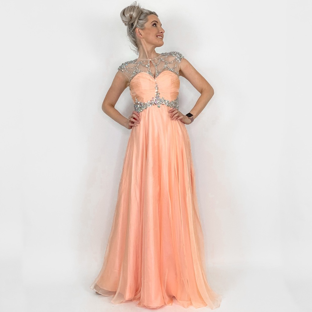 Peach Illusion Rhinestone Prom Pageant Dress - Picture 6 of 8